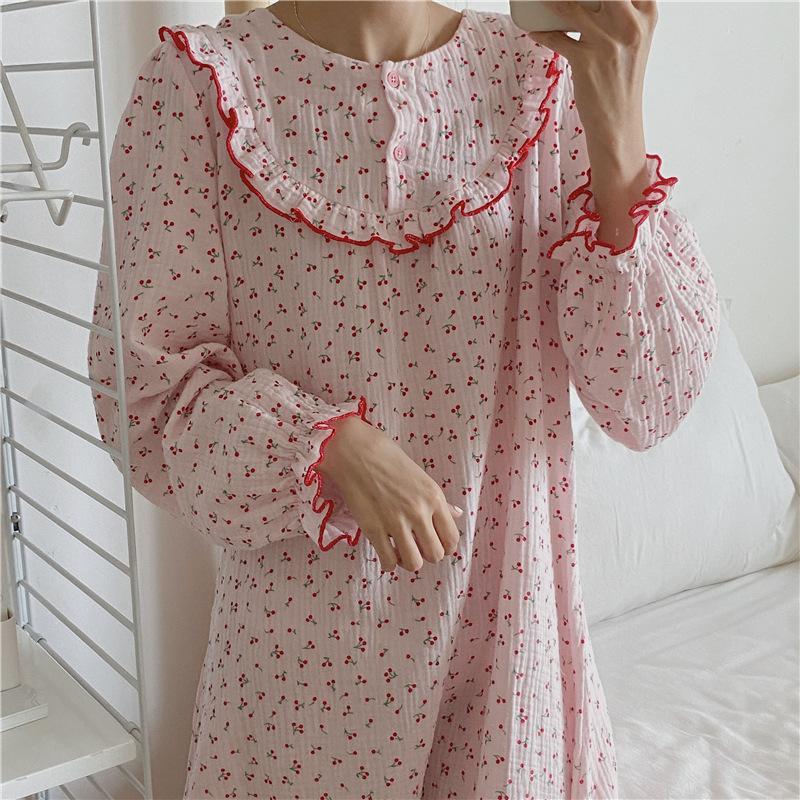 

Cotton Nightdress Korean Small Cherry Print Home Wear Sleep Dress Nightgown Pink Blue Beige