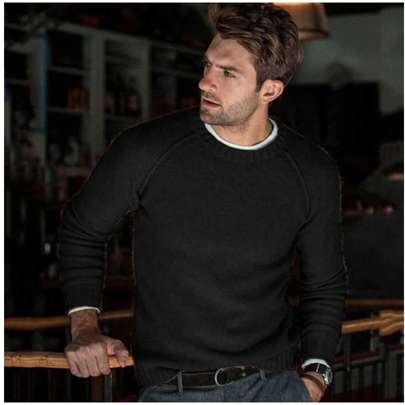 

Winter Autumn Men' Sweater Warm Round Neck Soild Color Fashion Kintted Slim Pullovers Long Sleeve Male Casual Top Comfortable, Black