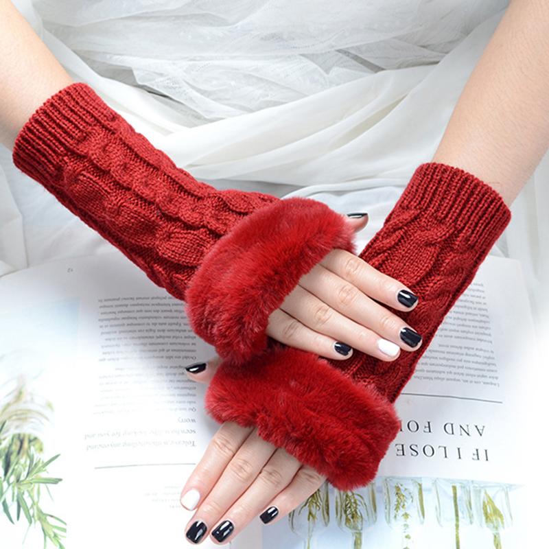 

Ladies White Red Long Gloves Fingerless Gloves Winter Women Students Write Half-Finger Mittens Plush Open Twist Mitts