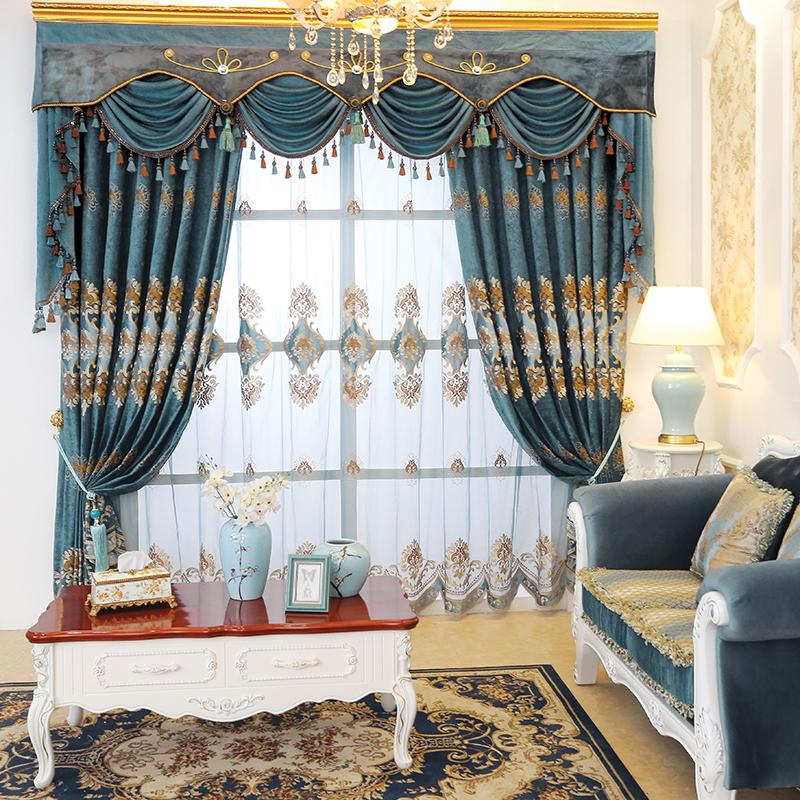 

Custom curtains luxury Chenille upscale European blue embroidery thicken cloth blackout curtain tulle valance N236, Tulle sheer