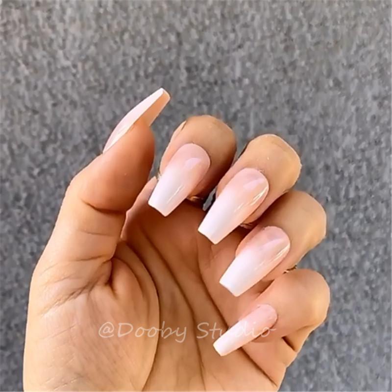 

Ombre Midi Coffin Fake Nails With Glue Sticker Impress Press On Nails Flase Artificial Gradient Full Cover Ballerina Faux Ongles, 12-412