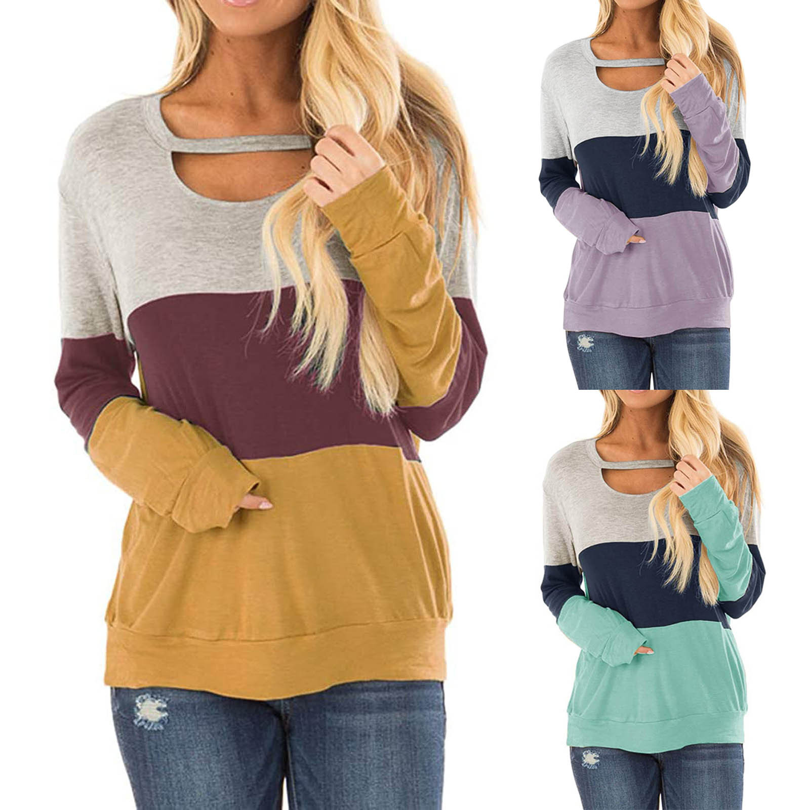 

Neck Casual Blouses Patchwork Blouses Women's Color Block Long Sleeves Tunic Cutout Choker Tops, Purple