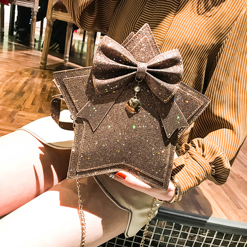 

Women's bow strap, with purse strings and star-shaped, luxurious, shiny, Black