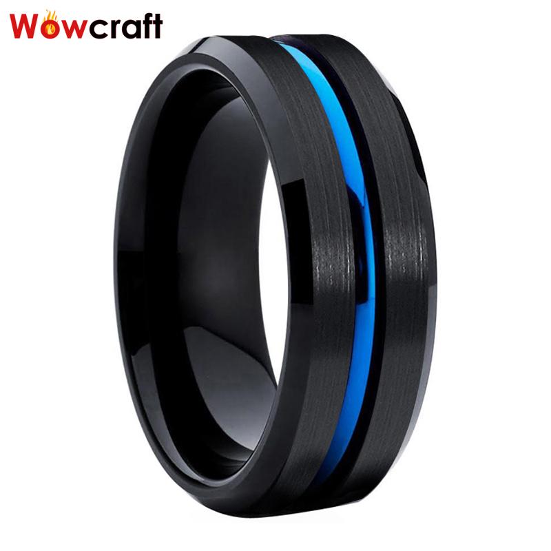 

8mm Black Blue Tungsten Rings for Men Women Brushed Finish Wedding Bands Grooved Center Beveled Edges