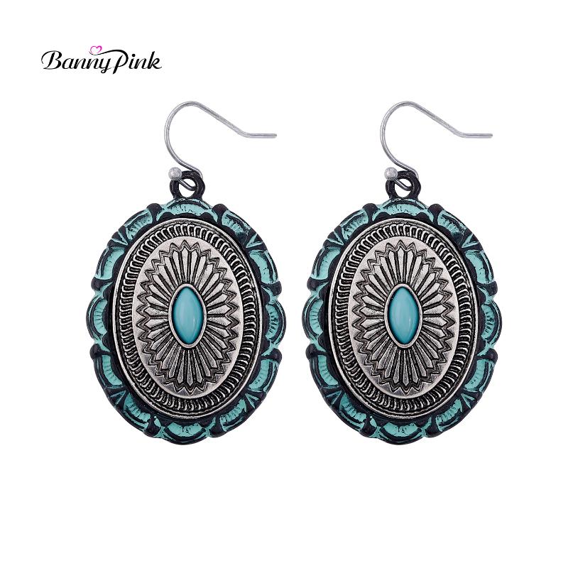 

Banny Pink Bohemia Carved Sunflower Dangle Earrings Ethnic Turquoises Drop Earrings Stone Pendant Women Gift