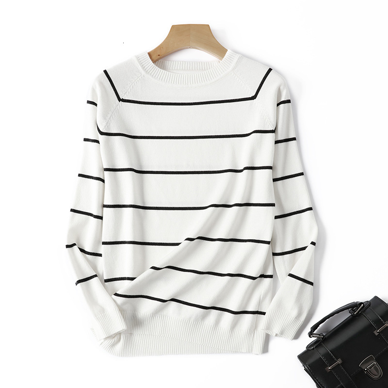

2021 New Stripe Long Sleeve Black Knitted Sweater Women Tops Autumn O-neck Short Pullover Casual Jumper Pull Femme I89i, Stripe-white