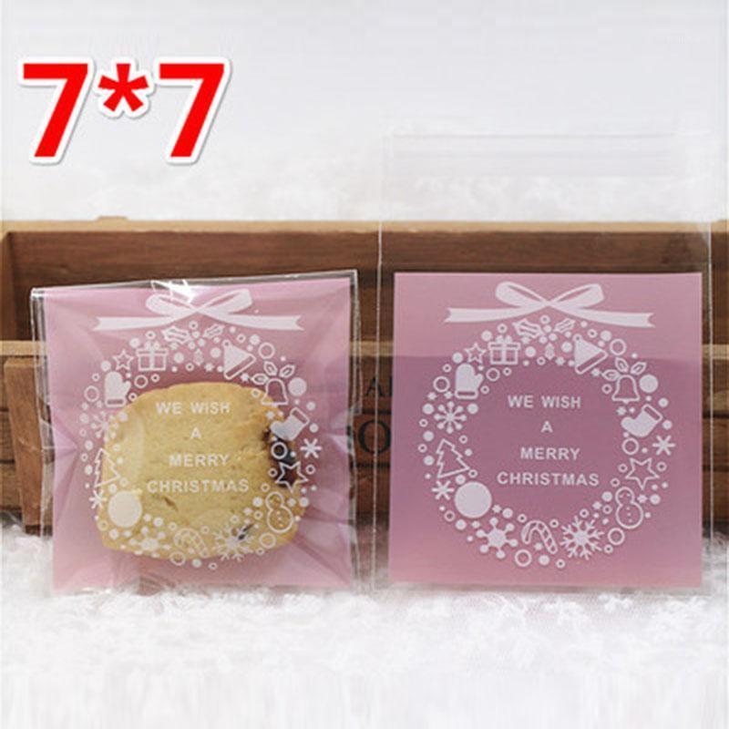 

100pcs/lot Christmas Gift Decoration Pink Frosted Cellophane Goodie Bags Bow Snowflake Crispy Baptism Sugar Self Stick Packaging1