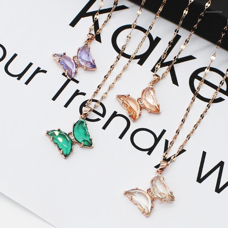 

Crystal Butterfly Pendant Necklaces Lady Stainless Steel Bohemian Rose Gold Korea Choker Necklace Female Trendy Jewelry 2020 New1