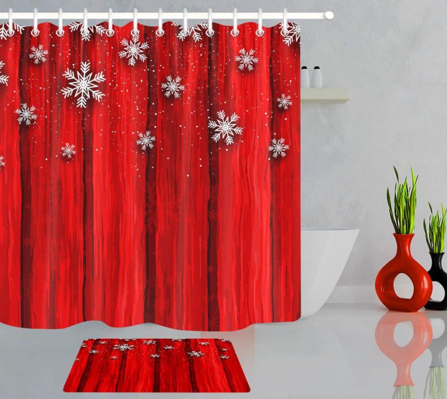 

Christmas Red Curtain Snowflake Pattern Bathroom Bathtub Shower Curtain Home Decoration with 12 Hooks and Bath Doormat
