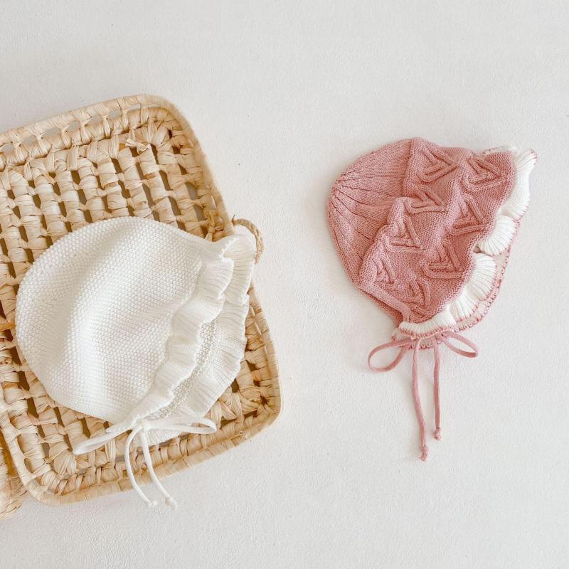 

2021 Spring Cotton Baby Knitted Hat Lace Up Princess Hat Kids Bonnet Girls Cute Cap Children Outdoor Hats For 3-36 Months, S027beige white