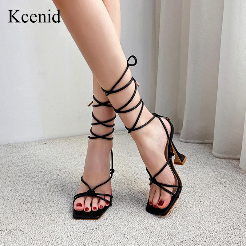 

Kcenid New Summer Woman Sandals PU Leather Lace-Up High Heels Ladies Shoes Spike Heel Open Toe Gladiator Sandals Women Pumps, Black