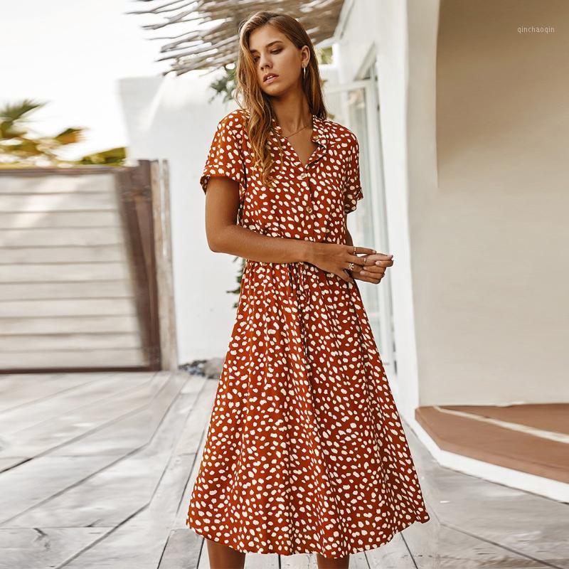 

2020 Women dresses Slim Floral Print Knee-Length V-Neck Dress Sexy Beach Vacation Bohemia Dress Short Sleeve1