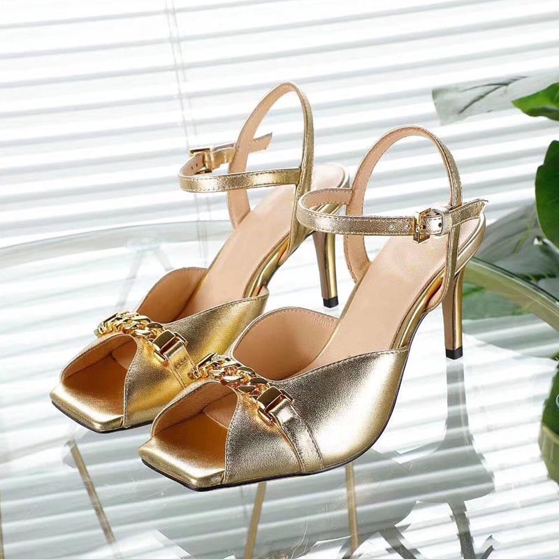 

Golden summer ladies sandals fashion stiletto heels leather metal fish mouth open toe designer banquet women's formal office shoes, Black