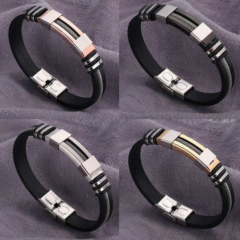 

Trendy Simple Silicone Bangle Stainless Steel Double Safety Clasp Unisex Fashion Design Jewelry For Women Men