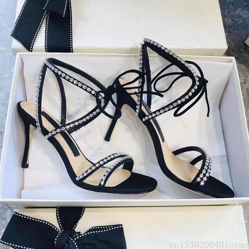 

2021 Woman Summer Sandals Fashion Shoes Rhinestones Thong Gladiator Stiletto High Heels Sandals Crystal Chaussure tenis feminino, As show
