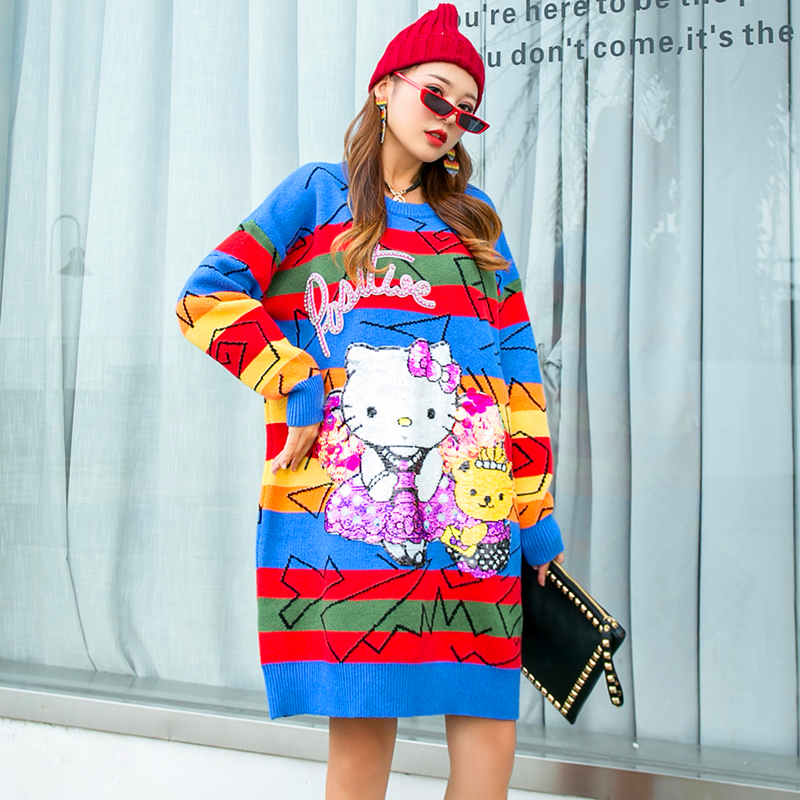 

European station Autumn and winter mid-length female pullover released from the cartoon lively sequins outdoors wear nightgown, Red