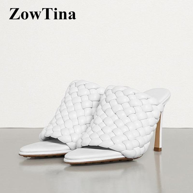 

2020 New Women White Weave Sandals Open Toe Purple Summer Slippers Knitting Design High Heels Slides Pumps Lady Sandalias Femmes1, Dark green
