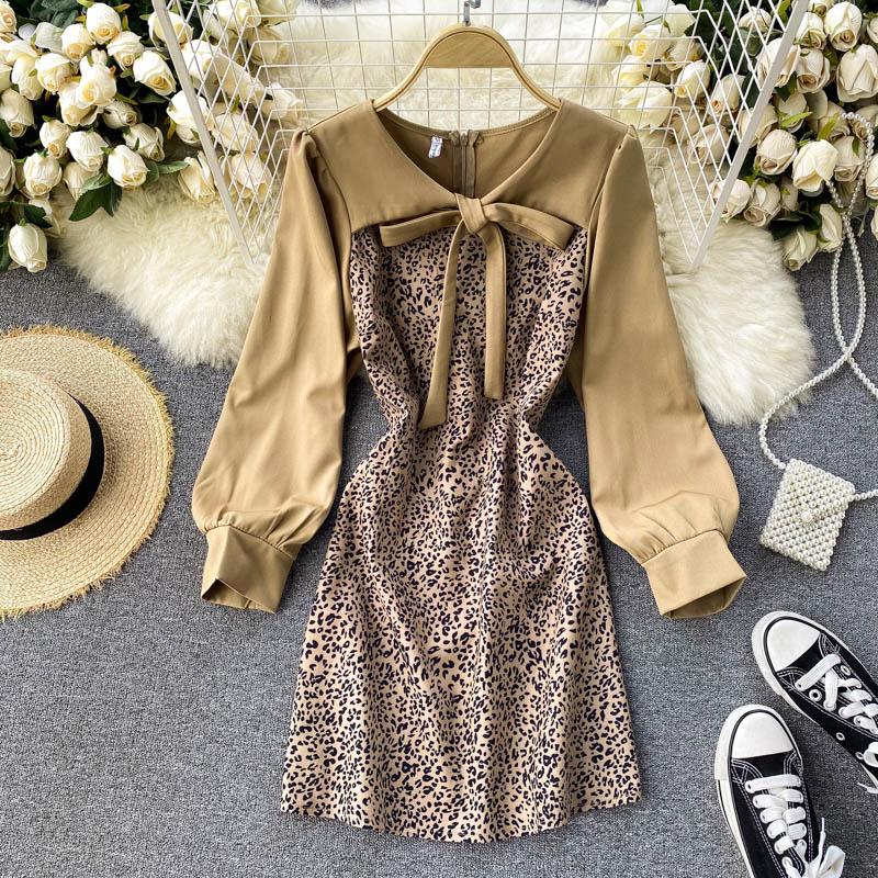 

Foamlina 2020 Autumn Winter Long Sleeve Dress Women Fashion Lace-up O-neck Patchwork Leopard Print A-line Casual Vestidos Mujer, Black