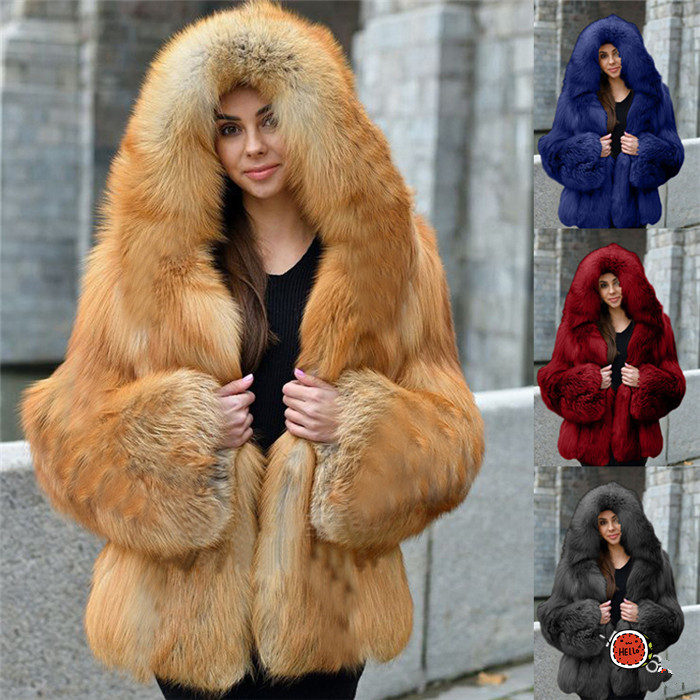 

Solid Color Womens Faux Fur Coats Long Sleeve Patchwork Hooded Woman Outerwear Autumn Winter Fashion Casual Plus Size Women Clothes, Black