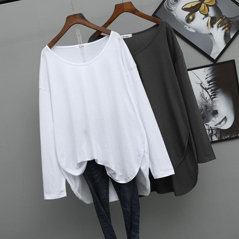 

2021 Autumn New Korean Arrival Loose Thin Simple White T-shirt Mid-length V-neck Oversize Casual Women T-shirt Free Shipping, Gray