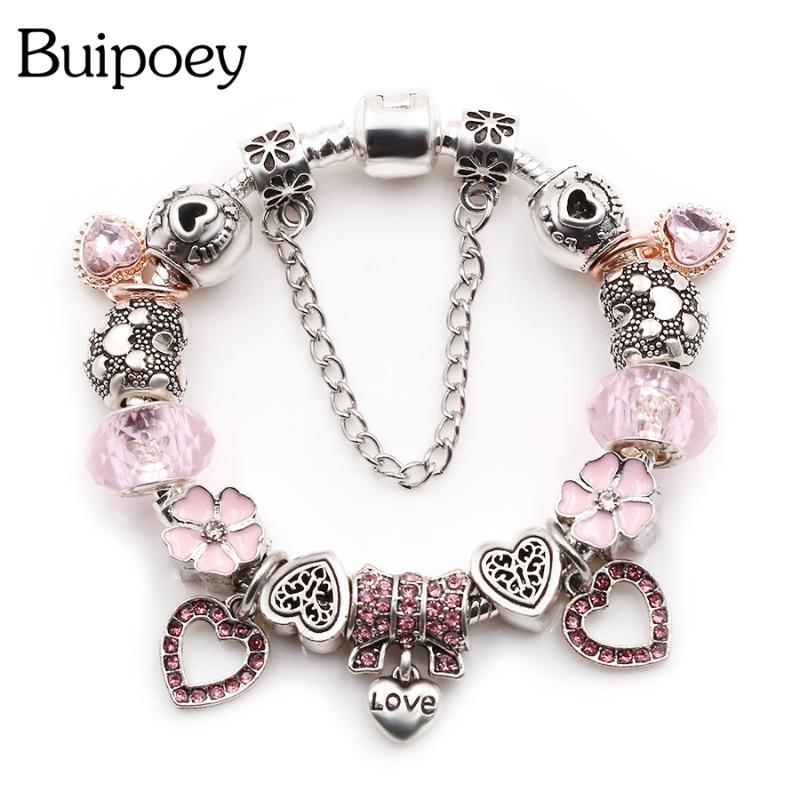 

Charm Bracelets Buipoey Fashion Rose Gold Love Bow Pendant Beaded Pink Crystal Beads Small Daisies Bracelet Bangle Female