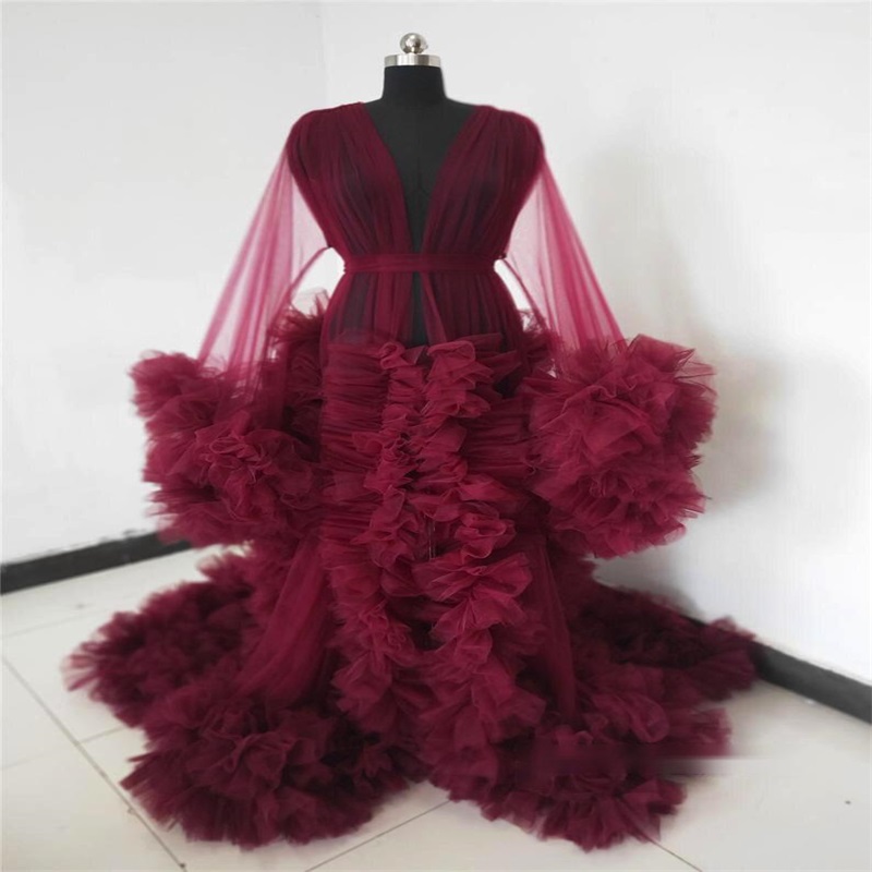 

Real Image Women Night Gown Pajama Dark Red Bathrobe Bride Sleepwear Ruffles Soft Tulle Robes Custom Made Pregnant Dress, Vermeil