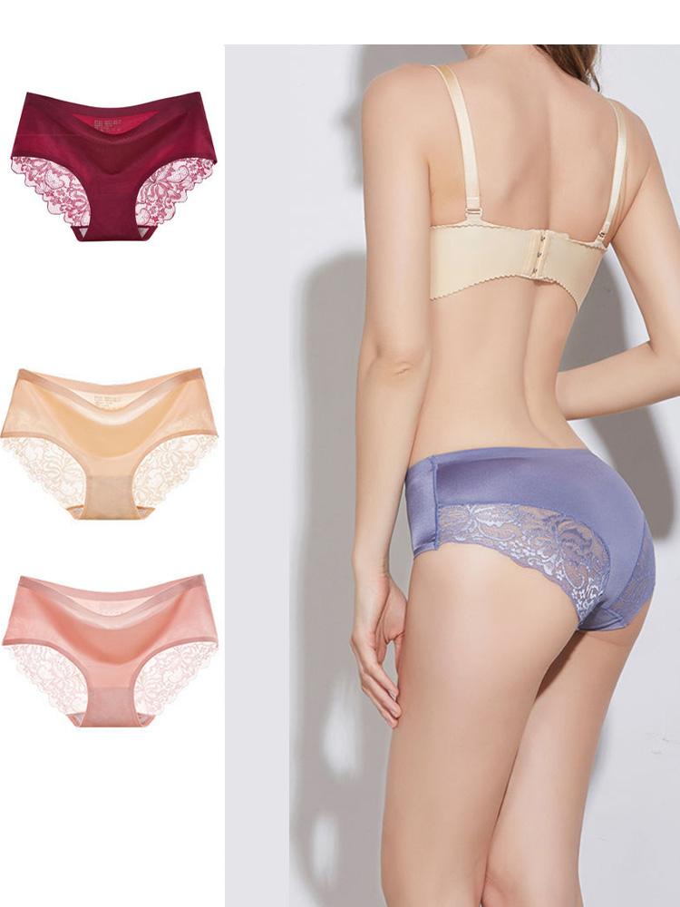 

Sexy Lace Underwear Women Ice Silk Seamless Luxury One-piece Mid Waist Comfortable Breathable Sterile Low-Grade Cotton Underwear, Black
