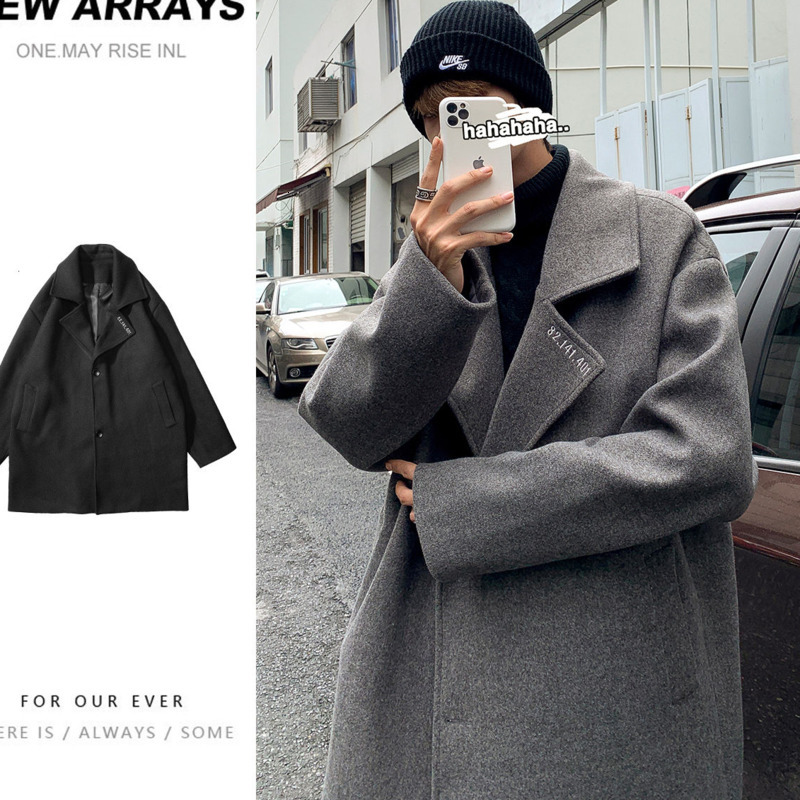

Autumn 2021 Male Thin New Winter Embroidered Wool Coat Lapel Young Men's Clothes CXNK, Gray.