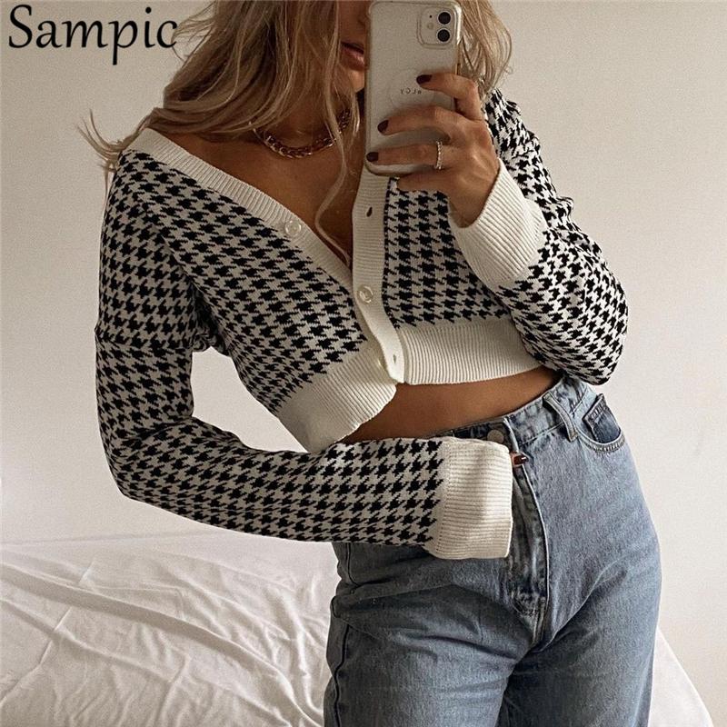 

Sampic Houndstooth Sexy Long Sleeve Knitted Sweater Cardigan Women Fashion Casual Beige V Neck Sweaters Ladies Autumn Winter 202