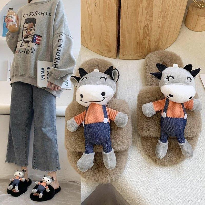 

Fur Flip Flops Flock House Slippers Platform Slides Slipers Women Fashion Low Soft Plush Luxury Flat Heel Casual Winter Slippers, Beige