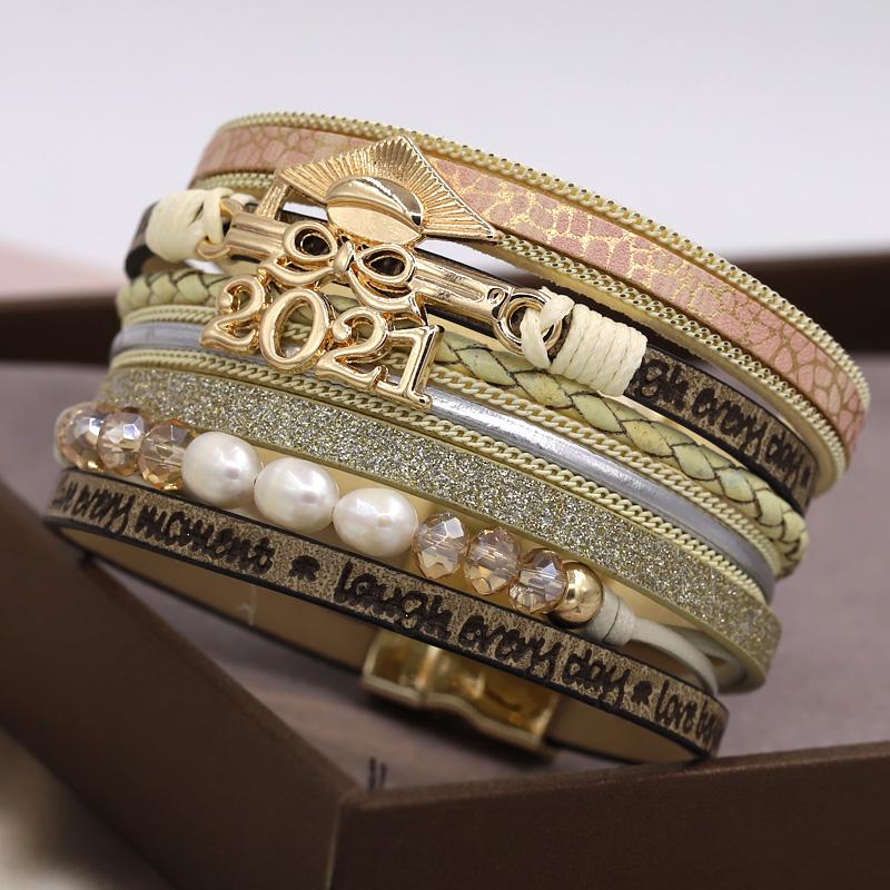 

Bracelet Woman Jewelry 2021 Alloy Letter Natural Pearl Multilayer Leather Love Couple Bangles Bracelets