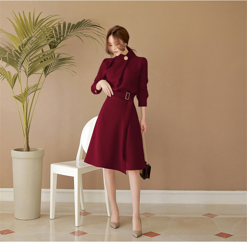 

2021 Ol Vintage Celebrity Elegant Fall Female New Fashion Goddess Work a Track Line at Knee Height Black Burgundy Dress 8TKJ