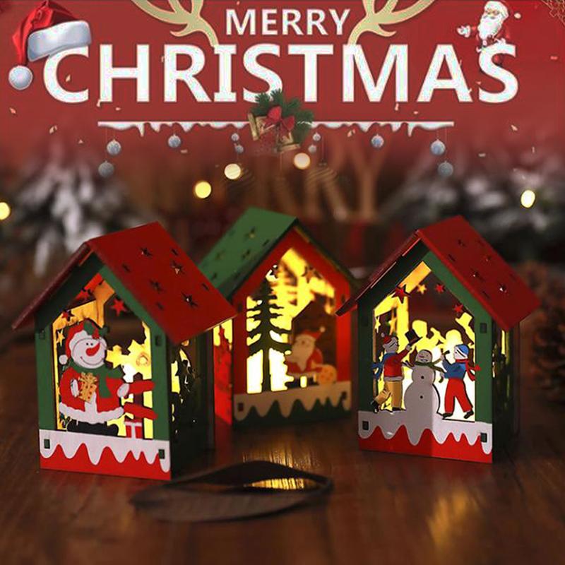 

Led Light Wood House Christmas Tree Decoration Elk Santa Clause Snowman Hanging Ornaments Navidad Fairy Light Christmas Gift