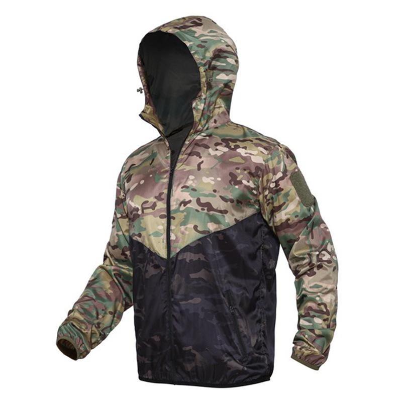 

Skin Tactical Jacket Spring Autumn Men Camouflage Breathable Hooded Coats Outdoor Camping Hiking Windbreaker, Black camo