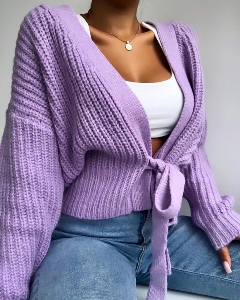 

Women V-neck Lace-up Sweater Lattern Sleeve Loose Cardigan Women' Autumn Knitted Coat Solid Color Comfortable Female' Jumpers, White