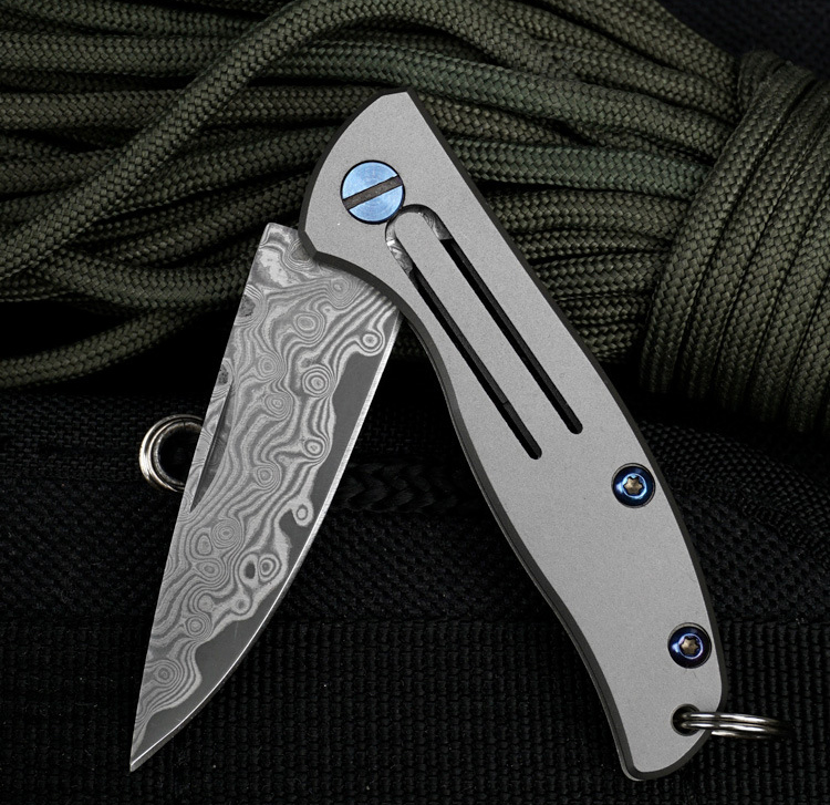 

Great quality gray titanium handle damascus blade smooth opening mini light weight folding camping hunting pocket knife gift men tool knives