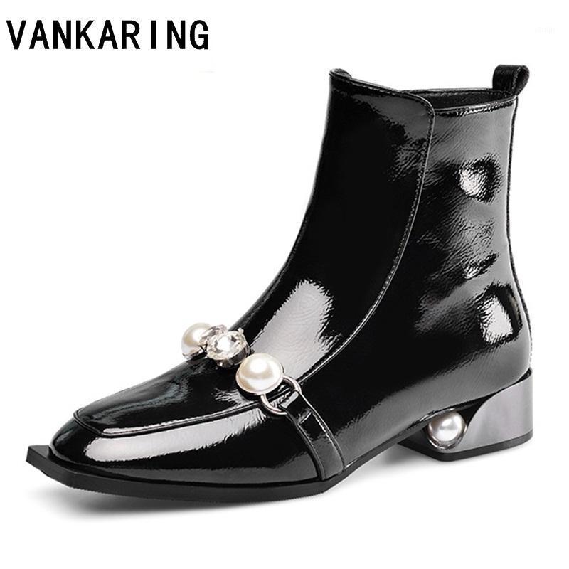 

brand fashion pantent leather ankle boots women thick mid heel zipper boots square toe autumn winter woman black shoes plus size1