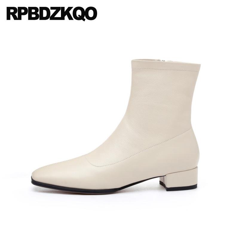 

side zip boots shoes women ankle short beige square toe autumn 2020 genuine leather chunky black block handmade fall zipper
