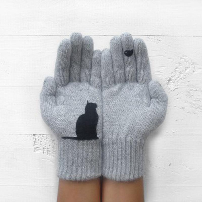 

Cartoon Cat Print Wool Knitted Full Finger Gloves Women Men Windproof Gloves Autumn Winter Warm Cold Cashmere Thick