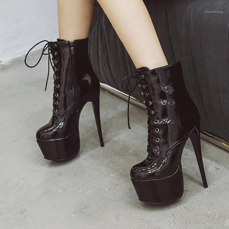

BONJOMARISA INS Sexy Brand Girsl Ankle Boots Super High Heels Lace Up Thin Heel Show Boots Women Party Dress Stylish Shoes Woman1, Black