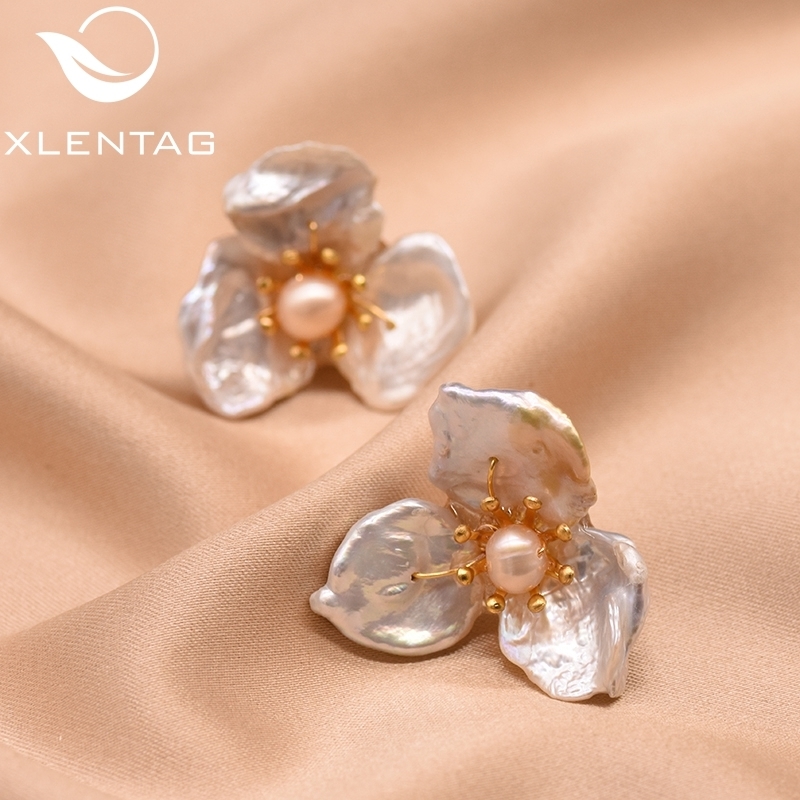 

XlentAg Natural Freshwater Baroque Pearl EarringsFor Women Pink Flower 925 Silver Earings Studs Luxury Fine Jewelry 2020 LJ201014, Golden