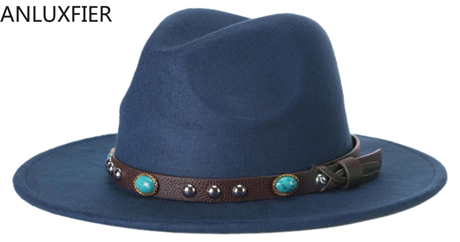 

H7214 American Wool Fedoras Hat Women Men Imitation Turquoise Decoration Jazz Fedora Cap Lady Party Elegant Hats, Black