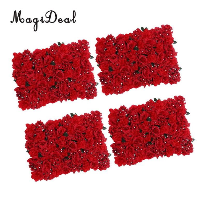 

4pcs Artificial Flower Wall Wedding Venue Flower Pillar Main Road Decor Red, As pic