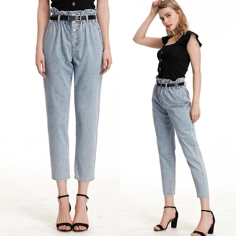 

Straight denim jeans casual loose high-stretch large-size jeans daily ruffled, high-waisted loose-fitting casual pants, Black