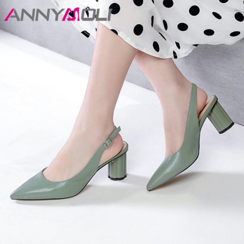 

ANNYMOLI Women Pumps Real Leather High Heels Slingbacks Shoes Pointed Toe Strange Style Lady Footwear Summer Black Plus Size 411