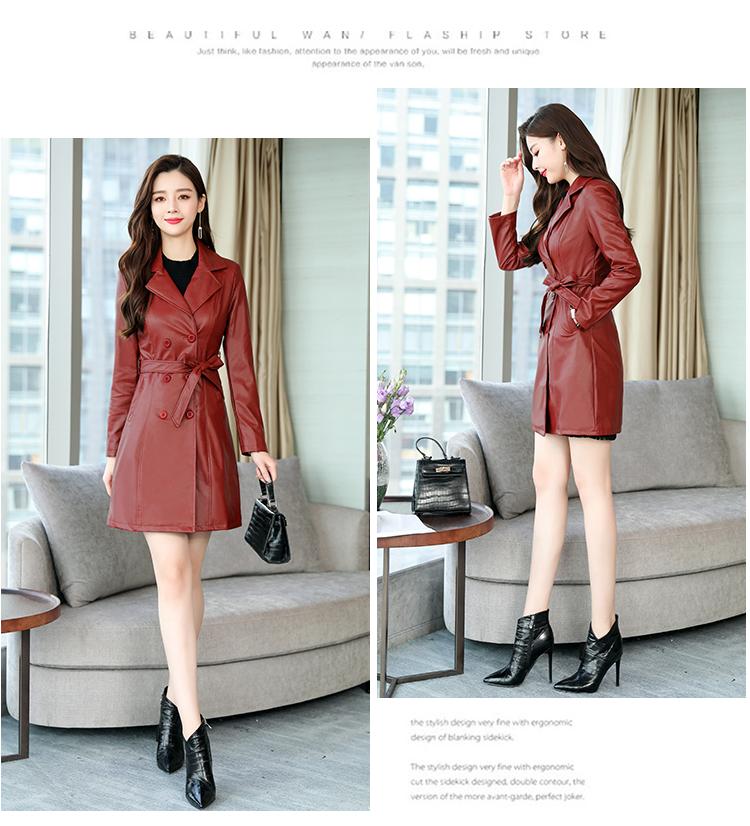 

Black Trench Free Wash Autumn Winter Double-breasted Plus Size Cotton Coat Women Sheepskin PU Leather Jacket Belt Gothic