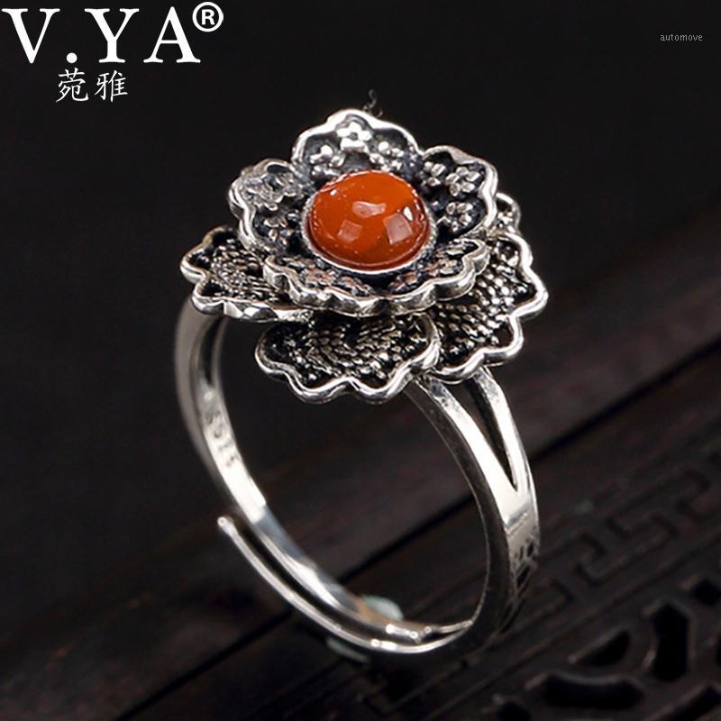 

V.YA S925 Sterling Silver Double Flowers Rings for Women Vintage Thai Silver Floral Open Rings Garnet Fine Jewelry1