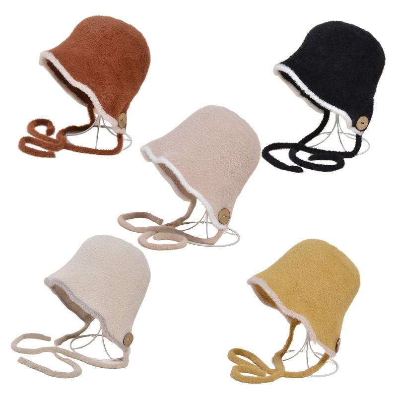 

Women Winter Fuzzy Plush Bucket Hat with Chin Strap Solid Color Wide Brim Sunscreen Round Top Warm Earflap Fisherman Cap, Pink