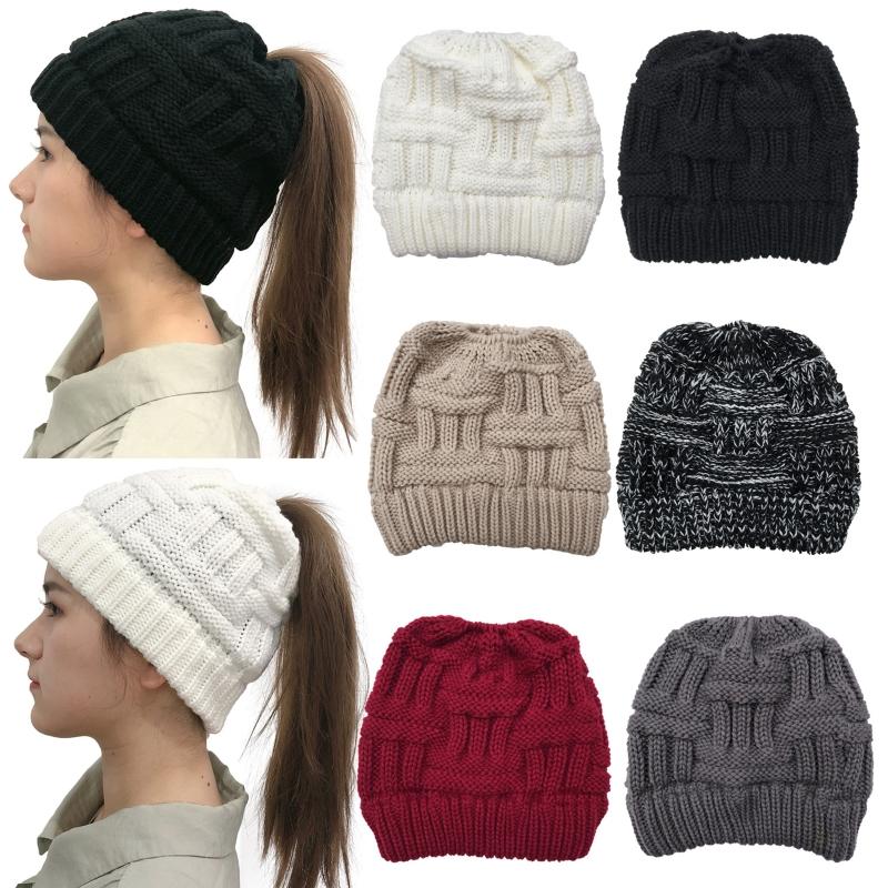

Women Winter Chunky Plaid Crochet Knitted Beanie Hat with Hole High Messy Bun Solid Color Stretch Snow Ski Skull Cap, White
