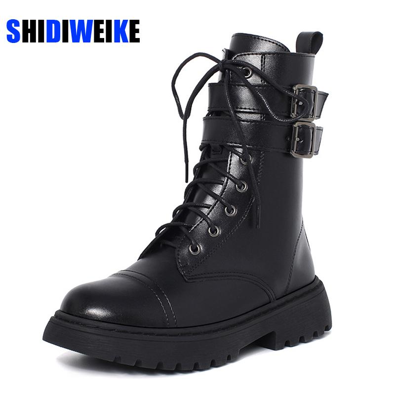 

2021 New Style for Autumn Winter round Lace-up Boots Female Flat British Vintage Boots Double buckle AC251, Black